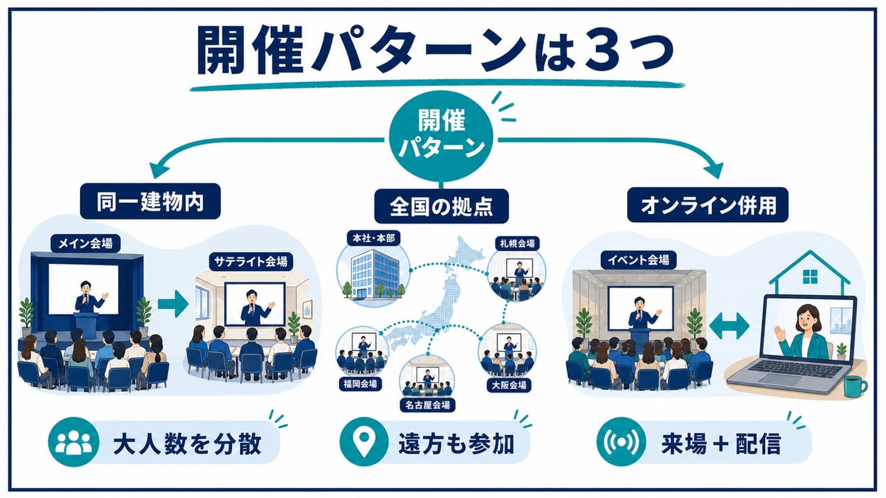 サテライト会場の開催パターンは3つ|同一建物内・全国拠点・オンライン配信