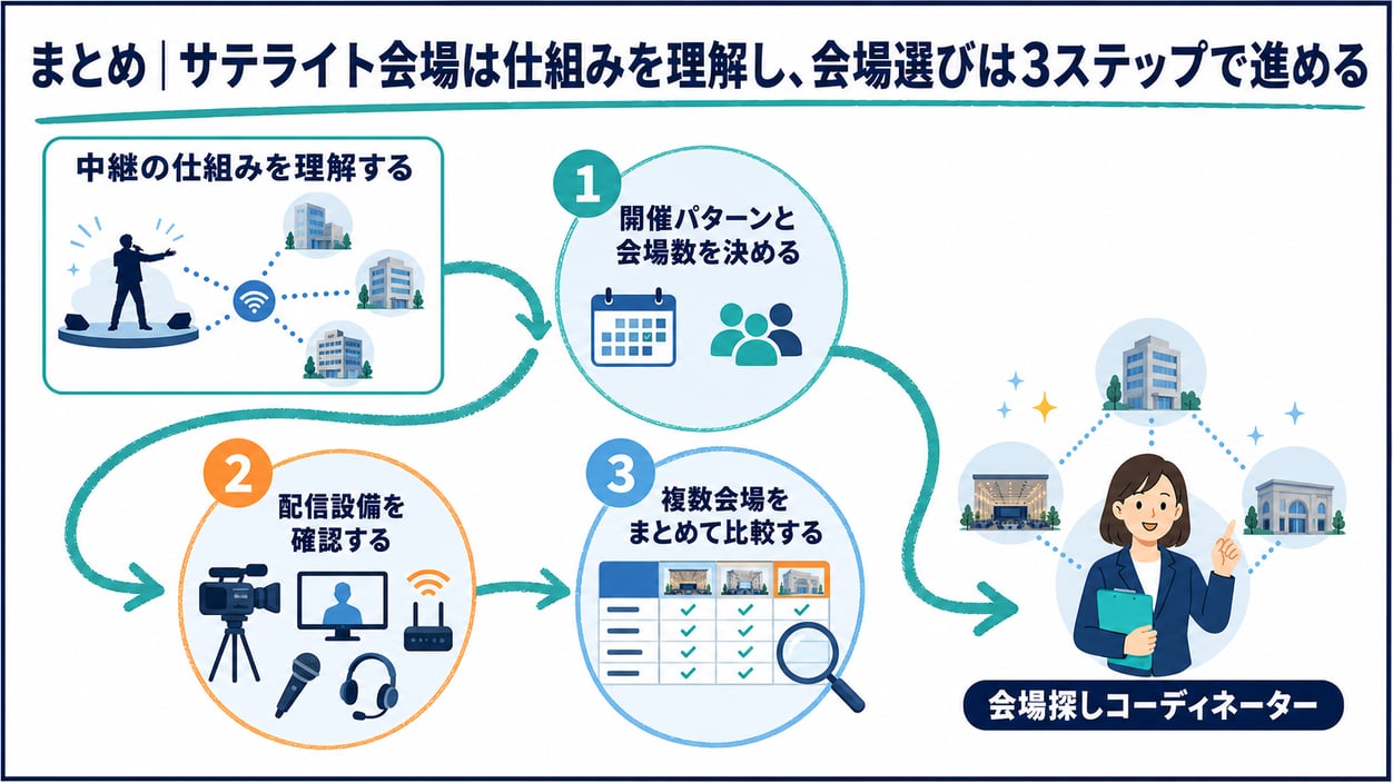 まとめ|サテライト会場は仕組みを理解し、会場選びは3ステップで進める