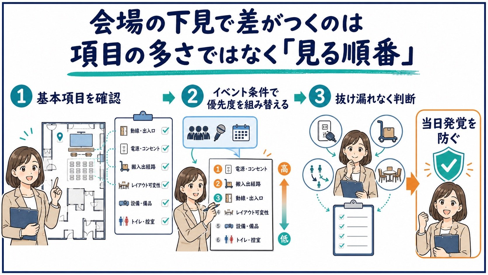 会場の下見で差がつくのは項目の多さではなく「見る順番」