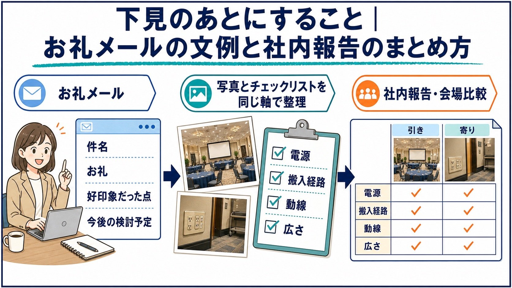 下見のあとにすること｜お礼メールの文例と社内報告のまとめ方