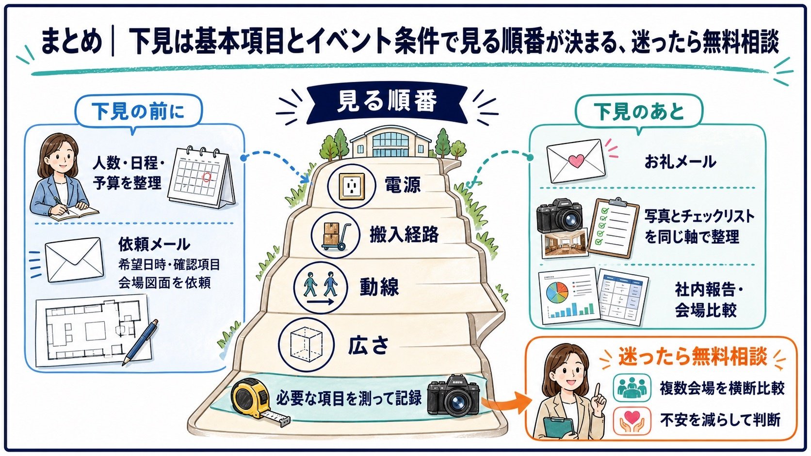 まとめ｜下見は基本項目とイベント条件で見る順番が決まる、迷ったら無料相談を